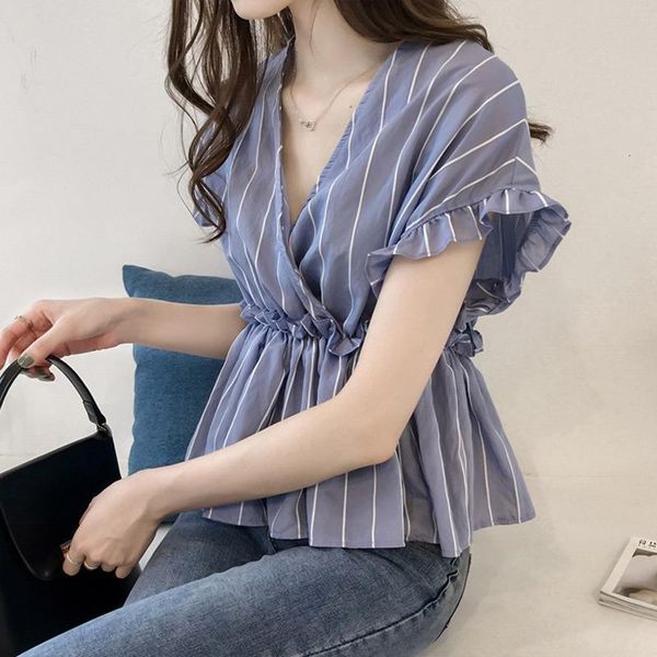 sweet ruffles shirt summer blouse elegant puff sleeve women blouse fashion short butterfly sleeve elegant striped v neck shirt, White